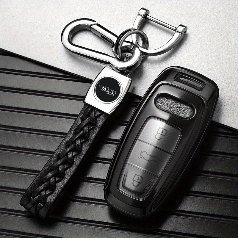 SANRILY Protector de cuero para llavero Audi A4 Q7 Q5 TT A3 A6 SQ5 R8 S5  entrada sin llave inteligente con llavero Lucky Cat Rosa