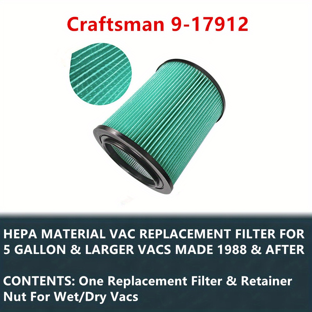 1 PACK 9-17912 Replacement Cartridge Vacuum HEPA Filter 9-17912 Compatible  With Craftsman Most 5 Gallon & Larger Vacs Made 1988 & After 6,8,9,12,14