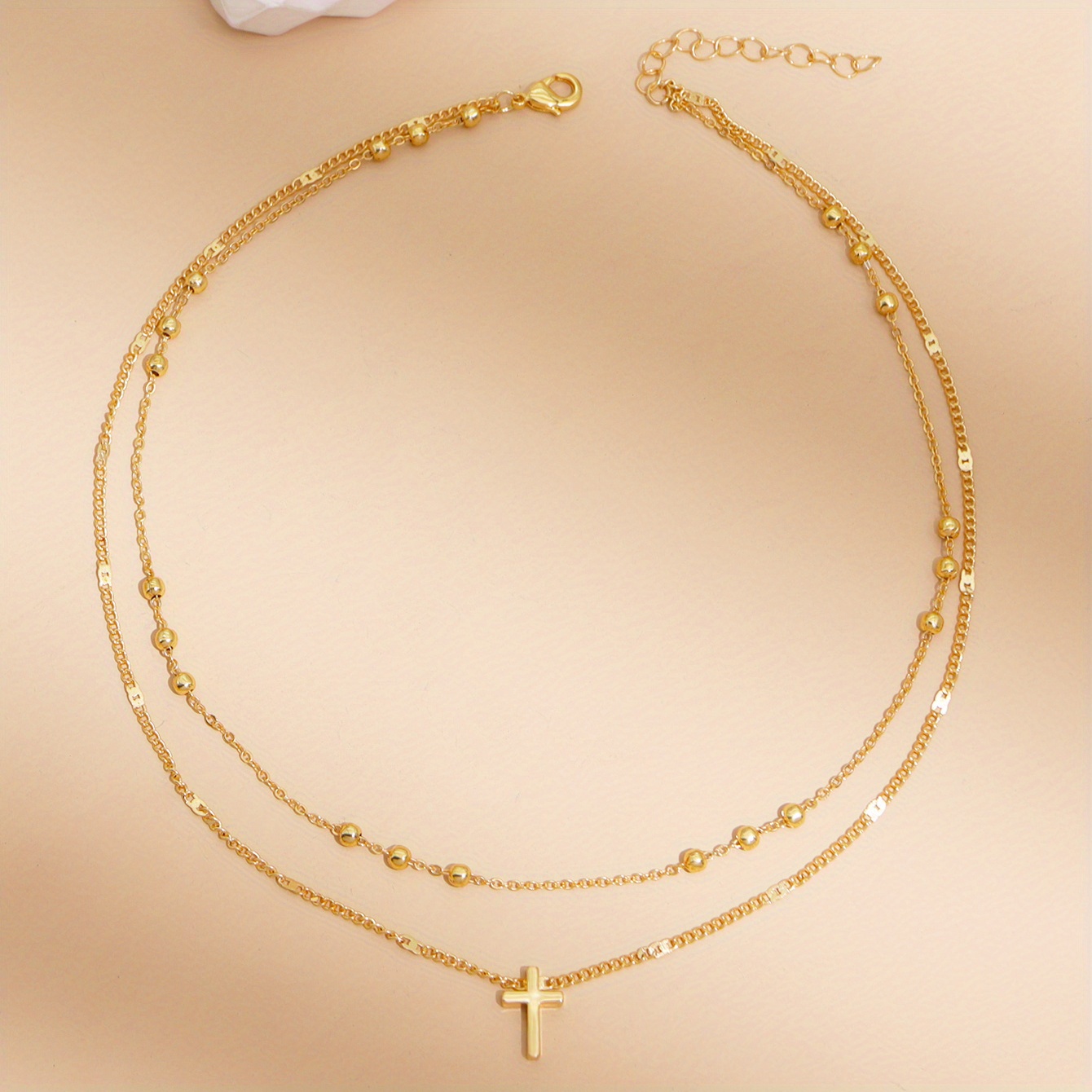 TEMU Vintage Cross Pendant Beads Chain Clavicle Chain Double Layer Necklace Ladies Holiday Jewelry Gift