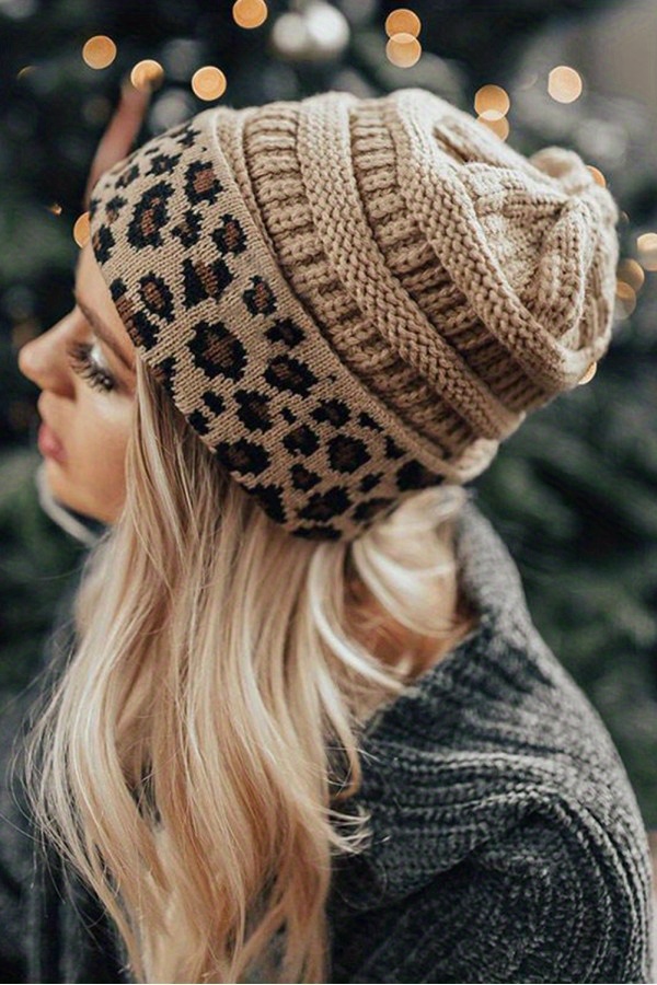 Leopard-Print Fur Ball Beanie Women's Fashion Knitted Warm Hat Fashion Woolen Hat Knitted Hat Embroidery Woolen Hat Hip-hop Valentines Gifts,Temu