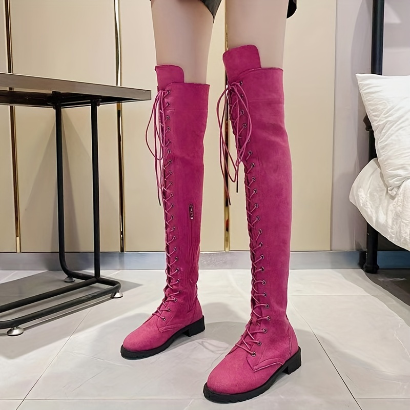 Women s Solid Color Chunky Heel Boots Fashion Lace Knee Temu Canada