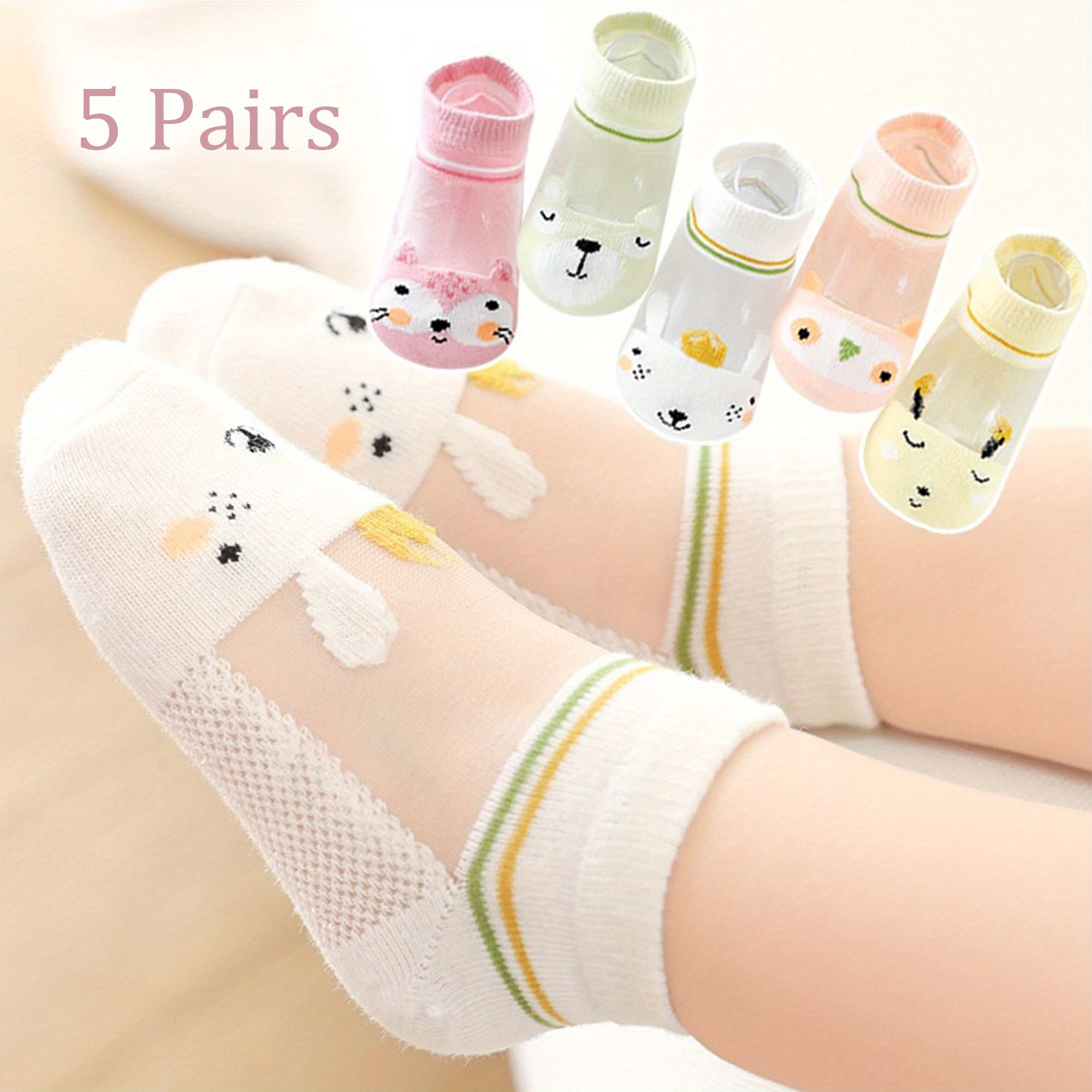 5pairs Boys Girls Kids Thin Mesh Breathable Soft Comfy Socks, Cartoon Cute Socks, Children's Trendy Socks For Spring Summer