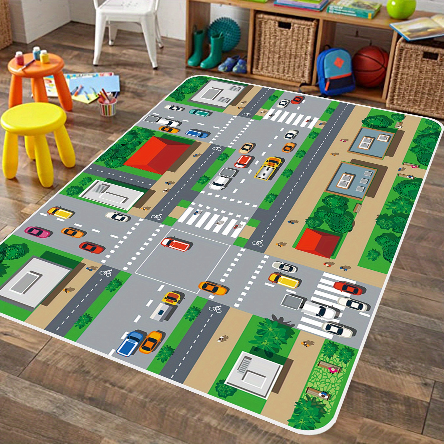 Erosebridal Alfombra de mapa de carretera de 5 x 7 pulgadas, alfombra de  tráfico de carretera para niños, autos de dibujos animados, árboles verdes
