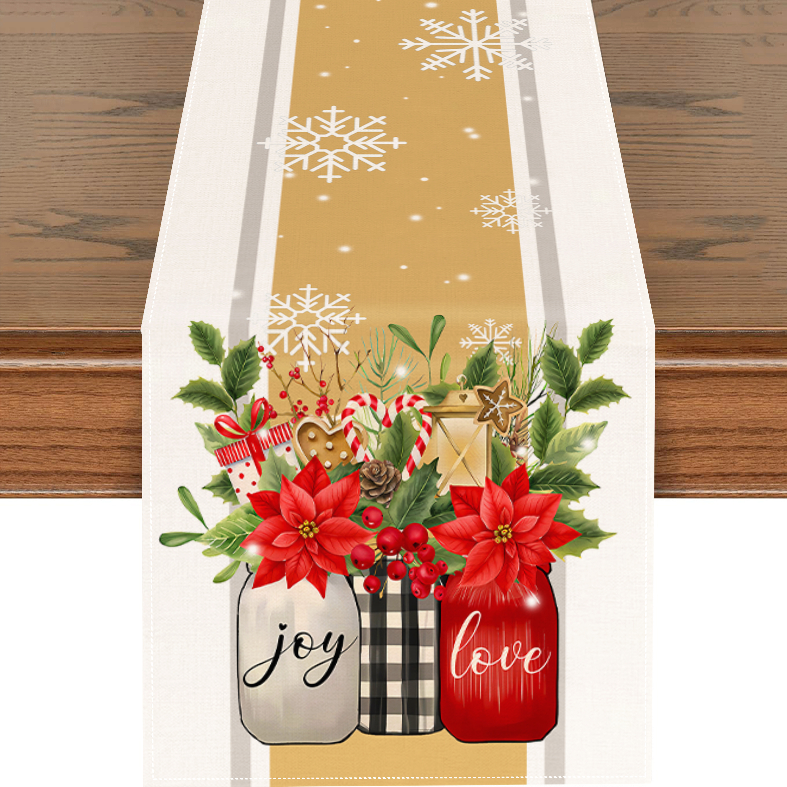 TEMU 1pc Vase Bloom Poinsettia Christmas Table Runner, Seasonal Winter Kitchen Dining Table Decoration For Home Party Decor 13x48 Inch/13x72
