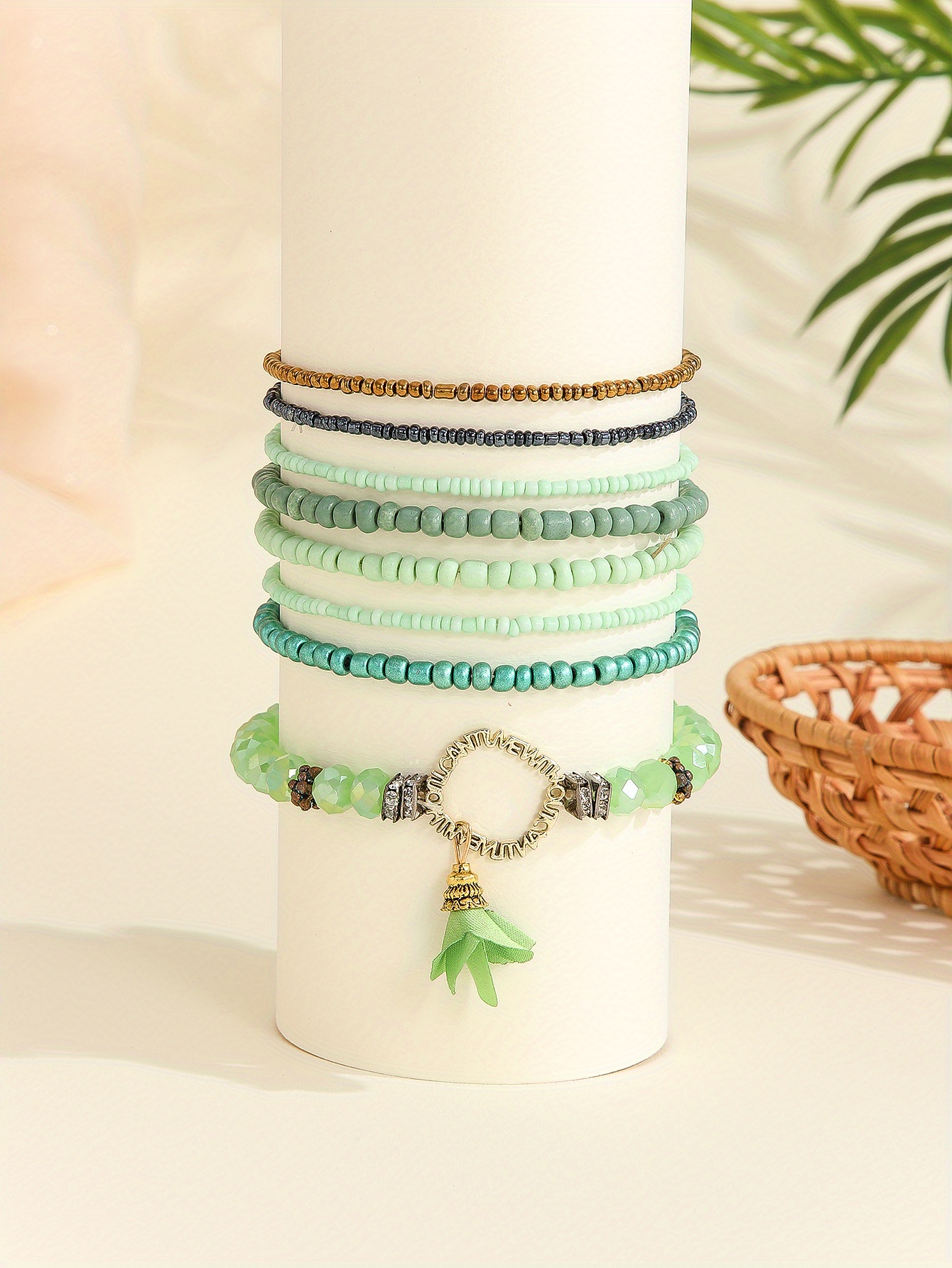 8pcs green rice beads beaded anklet set stackable ankle bracelet set for women   details 2