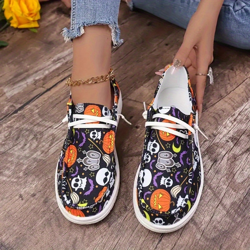 Women's Pumpkin & Cat Print Canvas Shoes, Casual Lace Up Outdoor Shoes,  Lightweight Low Top Halloween Shoes