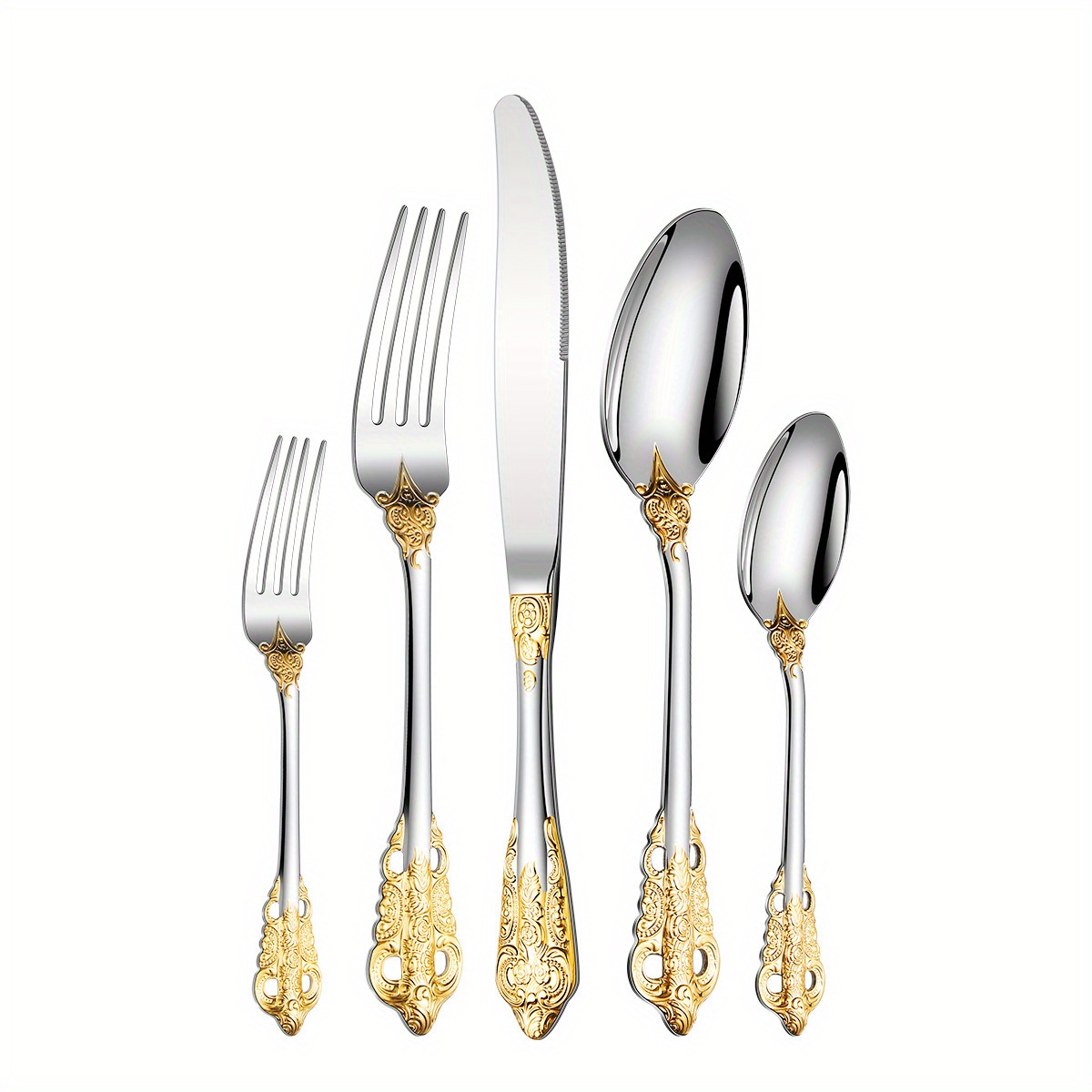 5Pcs Beige Gold 304 Stainless Steel Flatrware Knife Fork Spoon