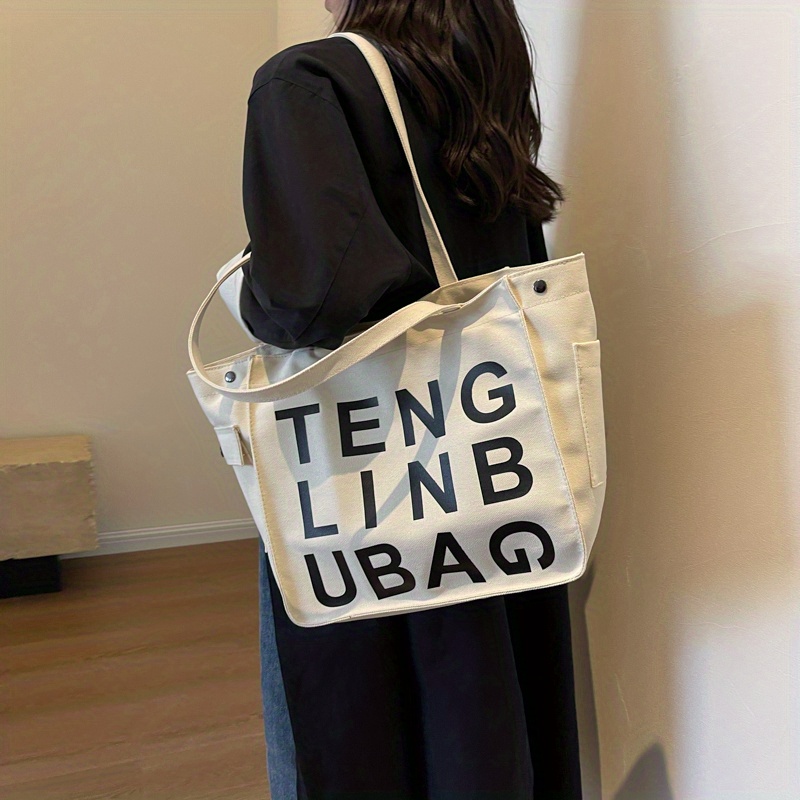 Retro Letter Print Tote Bag Large Capacity Shoulder Bag Perfect