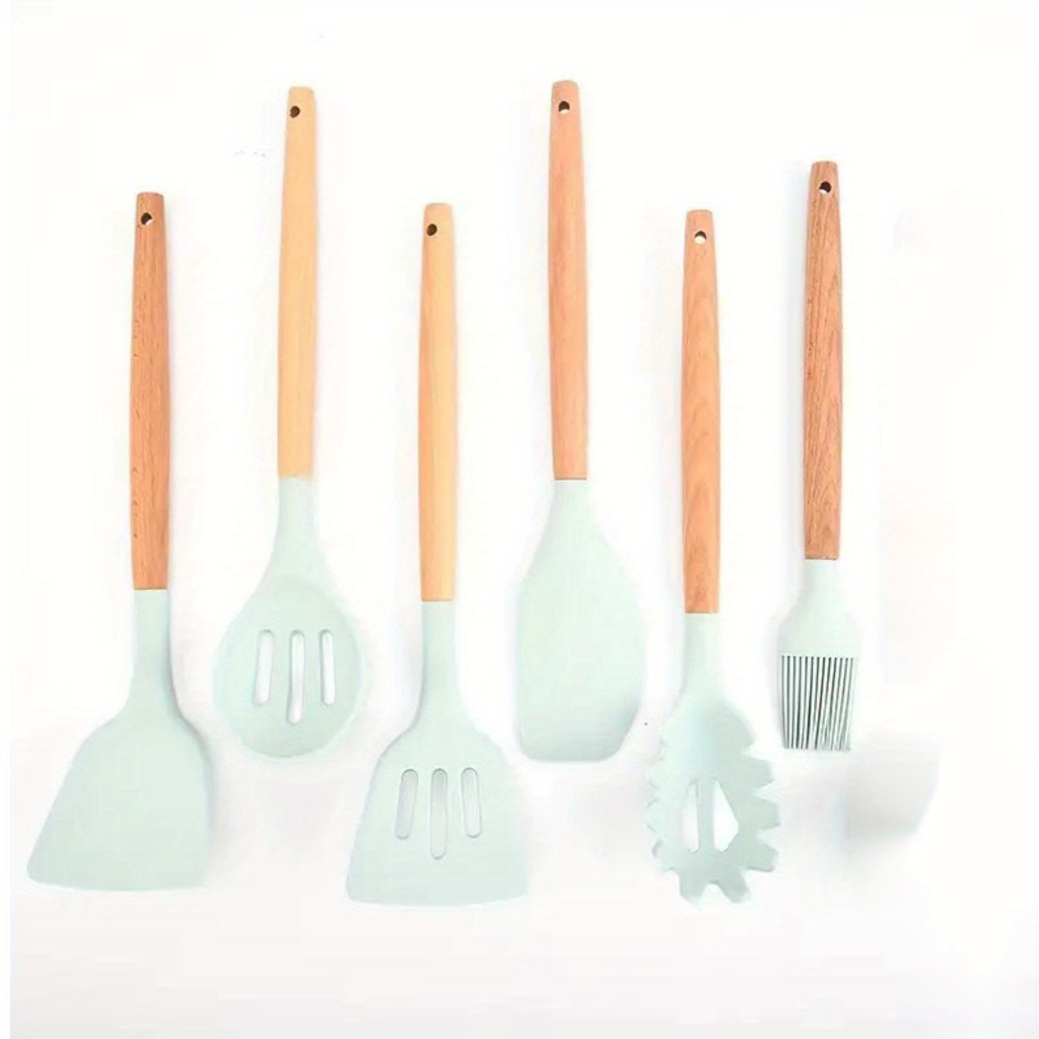 6pcs/set White Silicone Kitchen Utensils With Wooden Handle