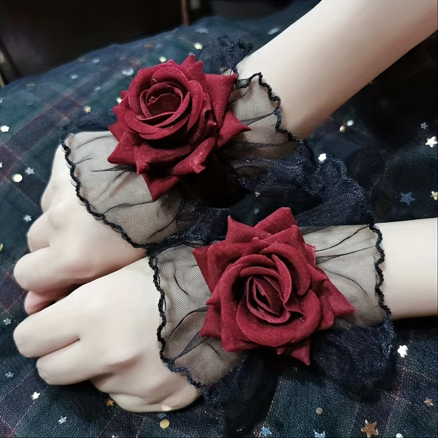 

Red Rose Lace Sleeves Dark Lace Wrist Decorative Sleeves Party Women's Dress Wrist Sleeves