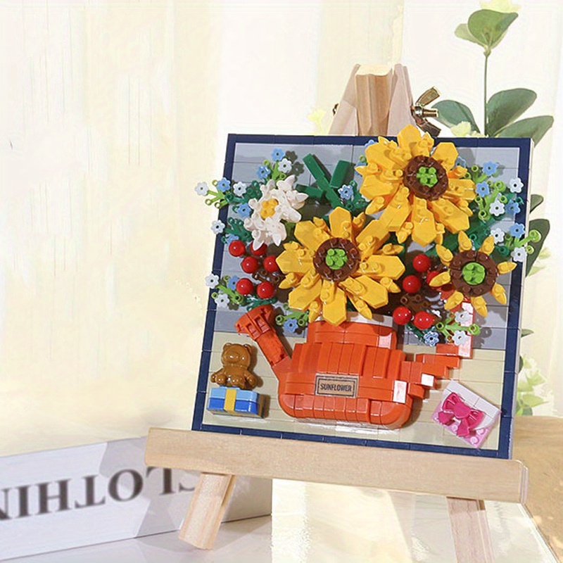Bouquet of Sunflowers Small Particles Three-dimensional Building Blocks  Picture Assembly Christmas Gift Toy Compatible, Flower Toy