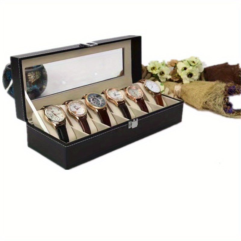 Black 6-digit Watch Box, PU Leather Inner Flannelette Watch Display Storage Box details 4