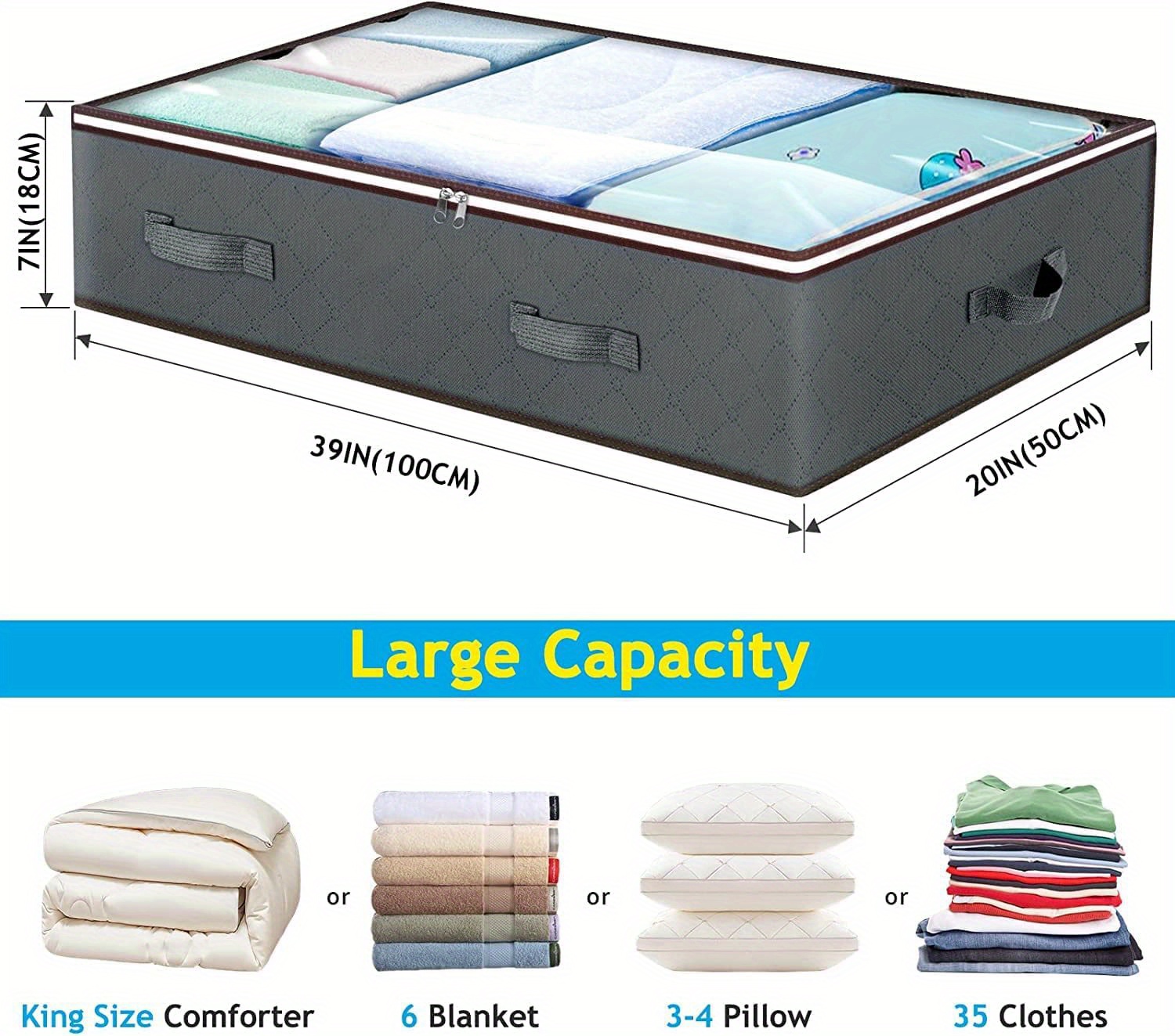 storage box clothes storage foldable blanket storage bag underbed storage container used to organize clothes bedroom quilt closet   quilt storage bag underbed blanket clothes storage bag foldable fabric storage box holder with window handle suitable for closet   bedding quilt pillow shoes toys details 4