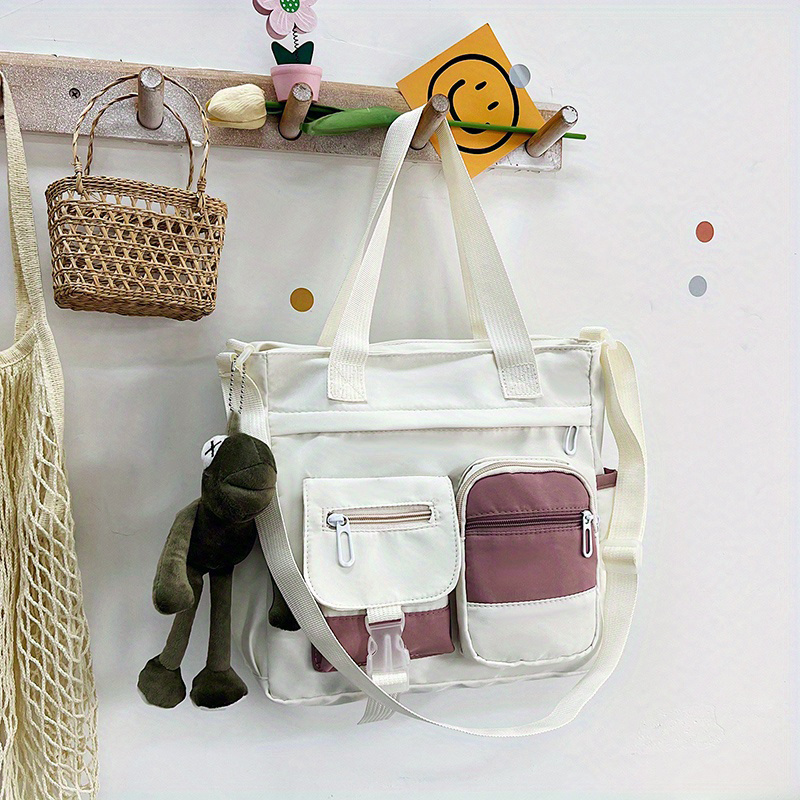 Colorblock Nylon Tote Bag, Multi Pocket Shoulder Bag, Large
