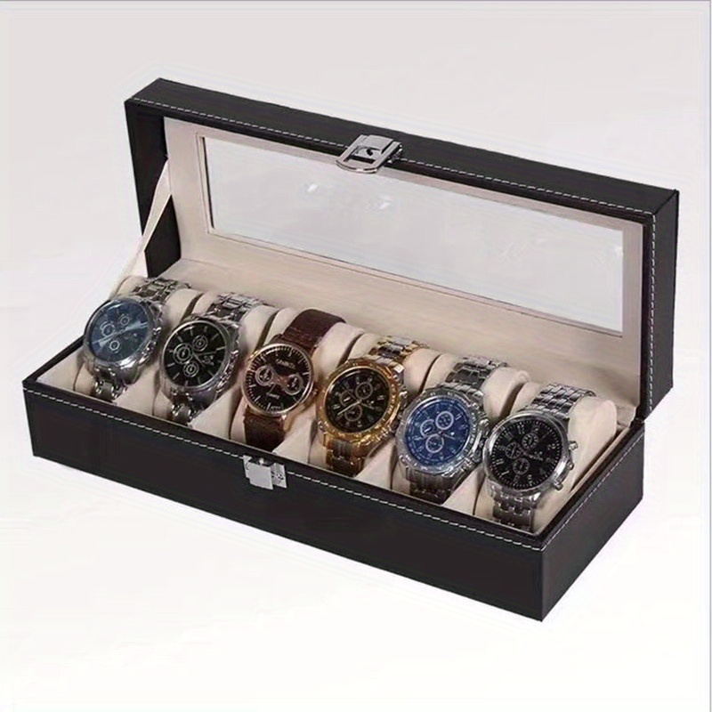 Black 6-digit Watch Box, PU Leather Inner Flannelette Watch Display Storage Box details 1