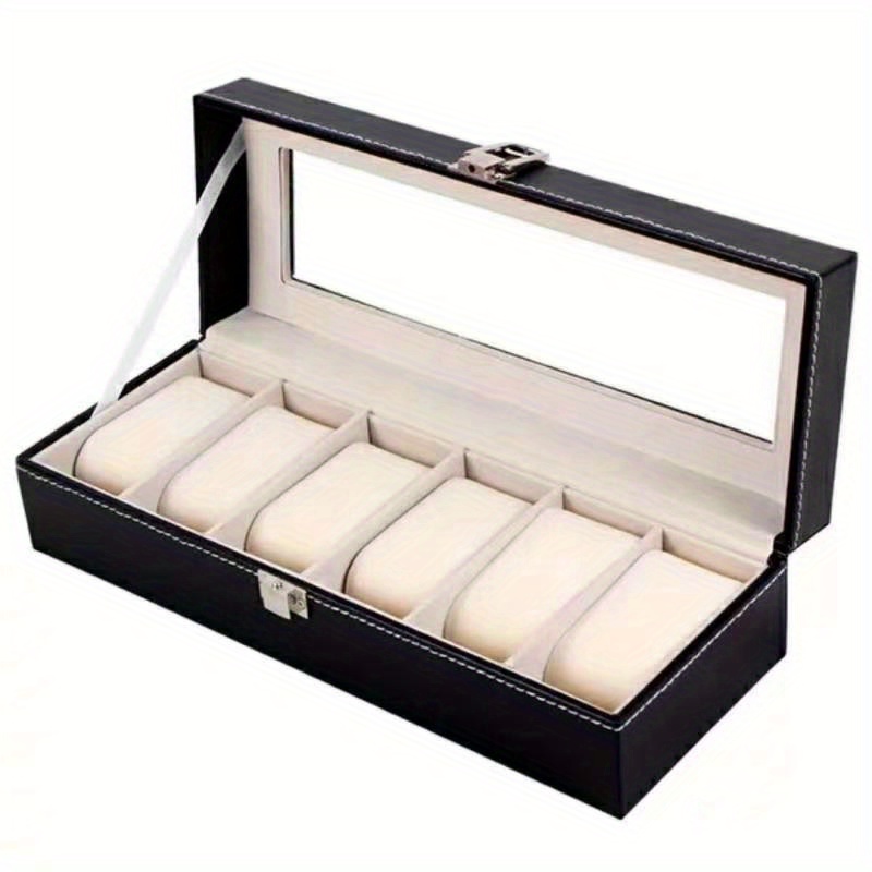 Black 6-digit Watch Box, PU Leather Inner Flannelette Watch Display Storage Box details 6