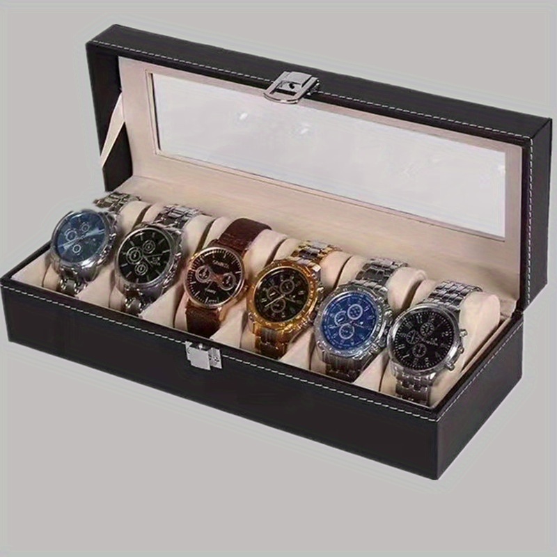 Black 6-digit Watch Box, PU Leather Inner Flannelette Watch Display Storage Box details 7