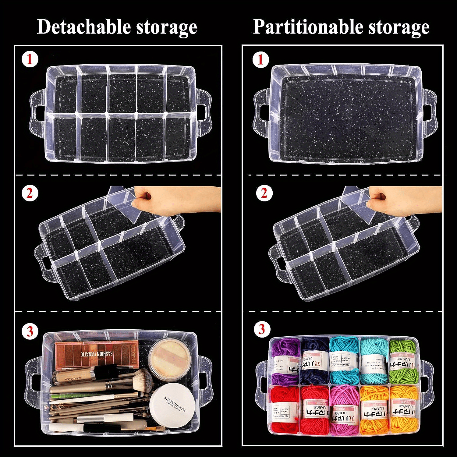 Eatex 3 Pack Clear Plastic Storage Organizer Bin with Handles - Bin Tray for Home, Classroom, Playroom, Studio - Great Bin for Crafts, Art, Brushes