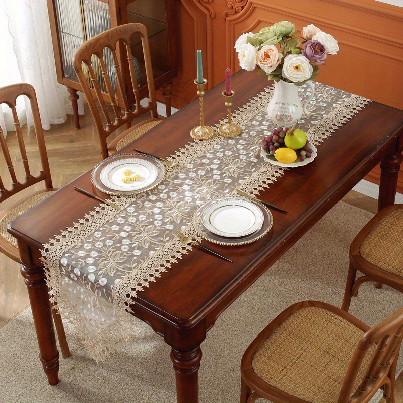 Camino de mesa moderno de 86 pulgadas, color beige y blanco, camino de mesa  para decoración del hogar, flores huecas bordadas con encaje de poliéster