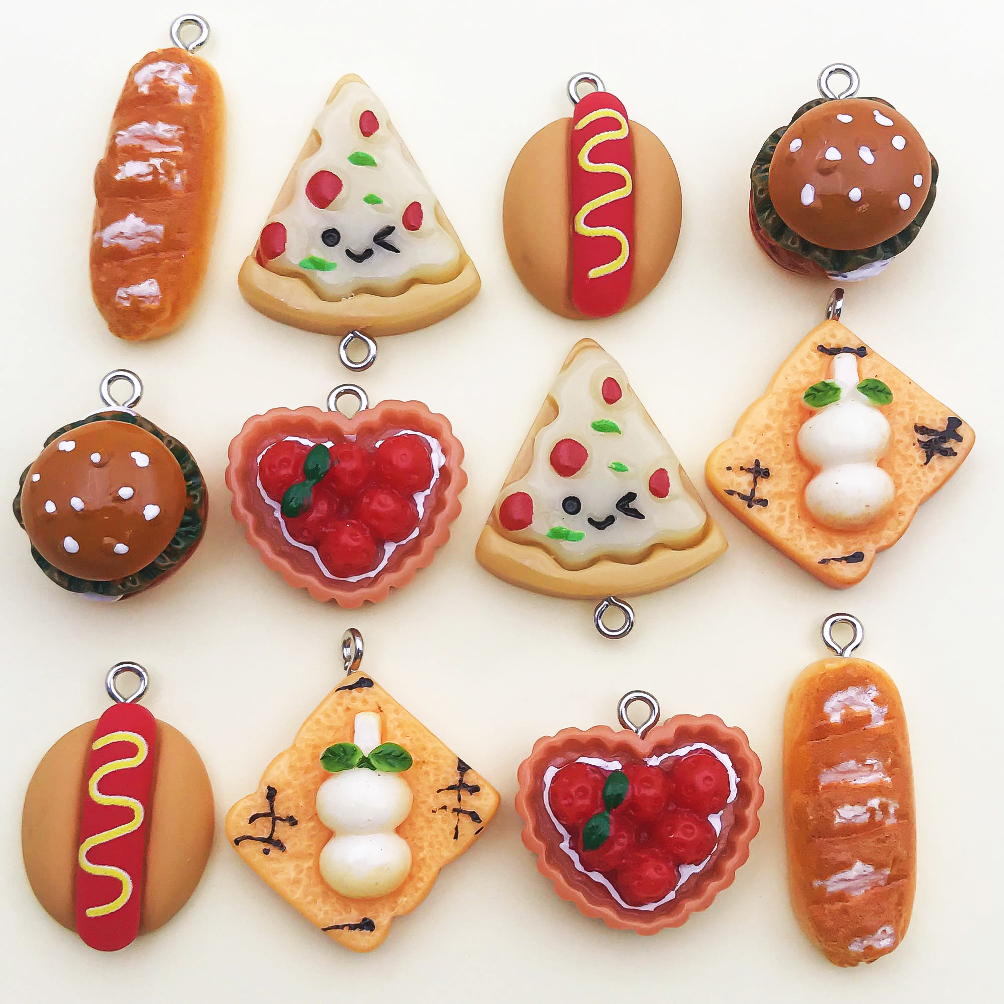 UR URLIFEHALL 40 Pcs Resin Food Charms Cookie Pizza Croissant Hot Dog  Charms Opaque 3D Imitation Food Charms with Loops for Jewelry Making
