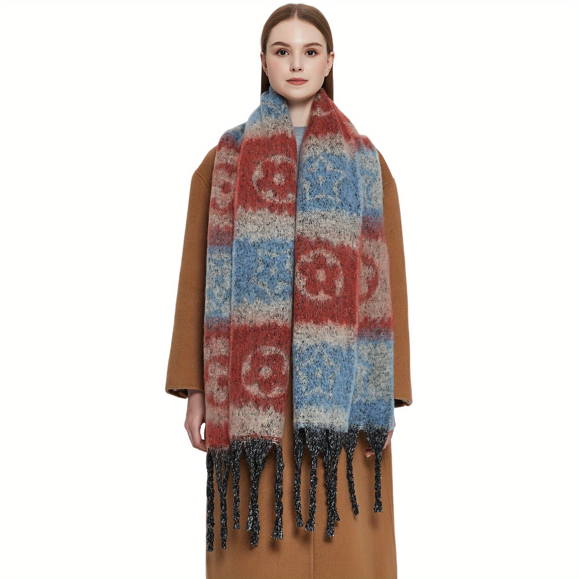 1pc Women's Vintage Flowers Jacquard Faux Cashmere Warm Scarf, Long Shawl  Suitable For Daily Wear In Autumn And Winter