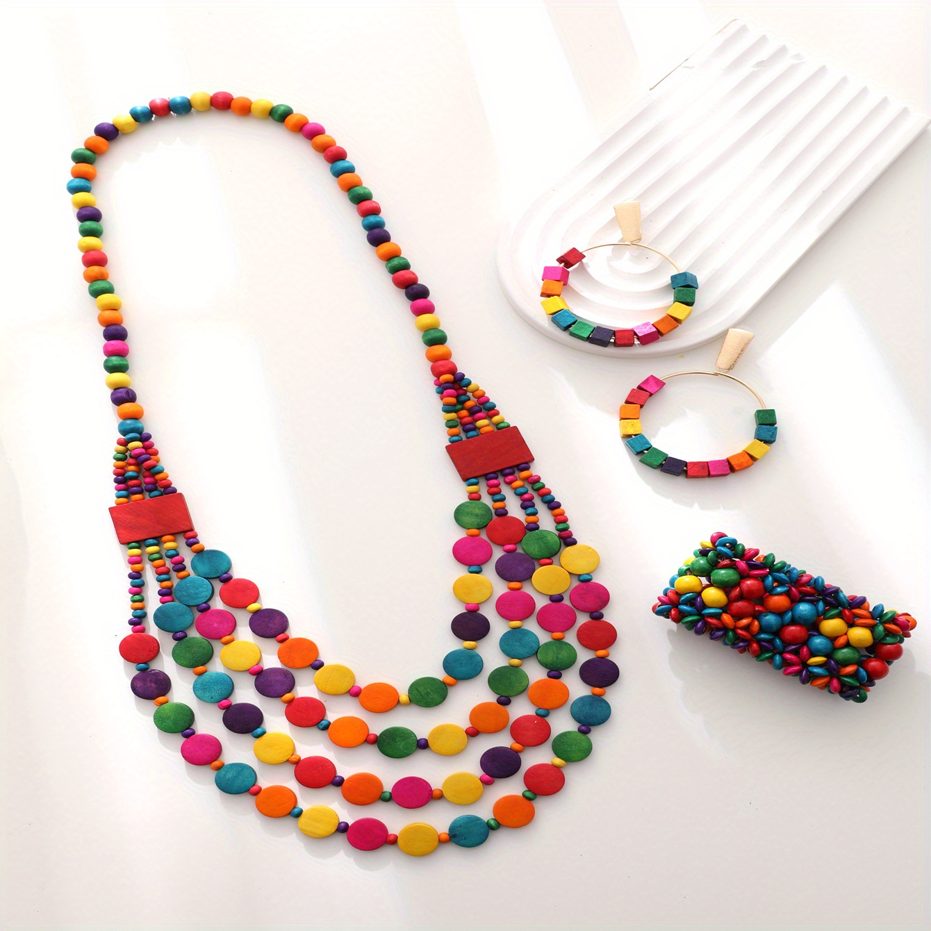 Image of 4pcs Earrings Necklace Plus Bracelet Boho Style Jewelry Set Made Of Colorful Wooden Beads Match Daily Outfits Party Accessories