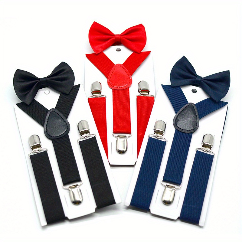 Boys and Girls Universal Solid Color 3-Clip Y-Style Suspenders and Bow Tie Set Youngsters's Suspenders + Bow Tie Two-Piece Set