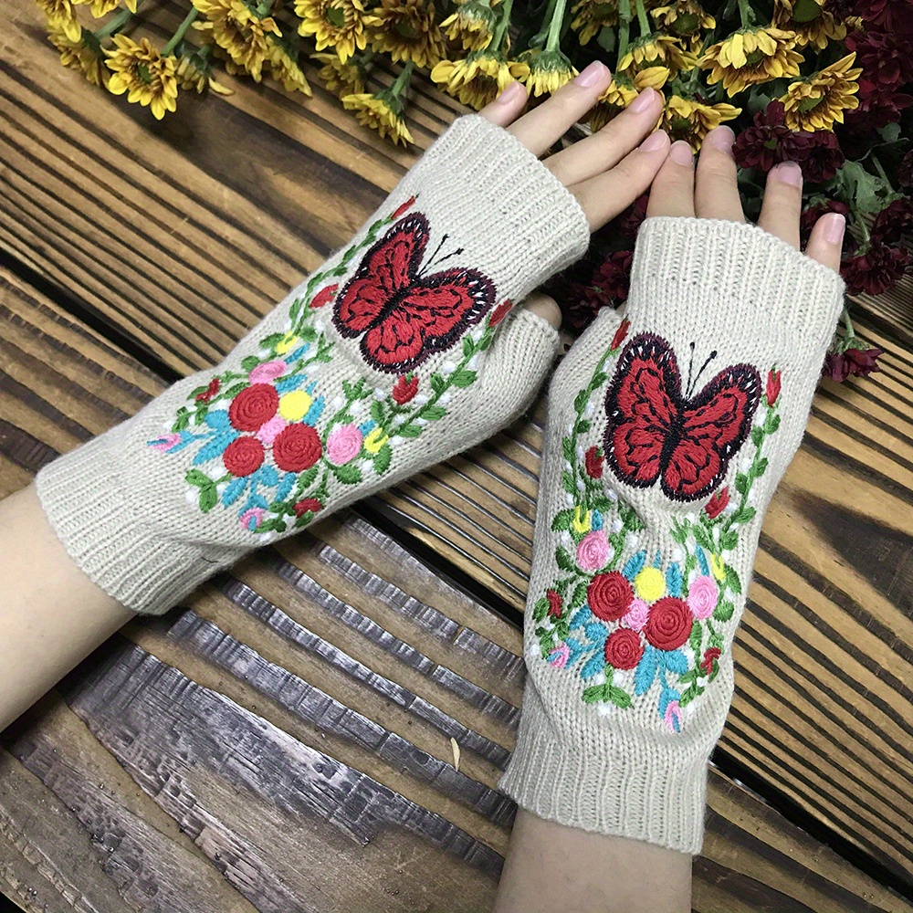 Sonducket 1 par de guantes de punto bordados para mujer invierno