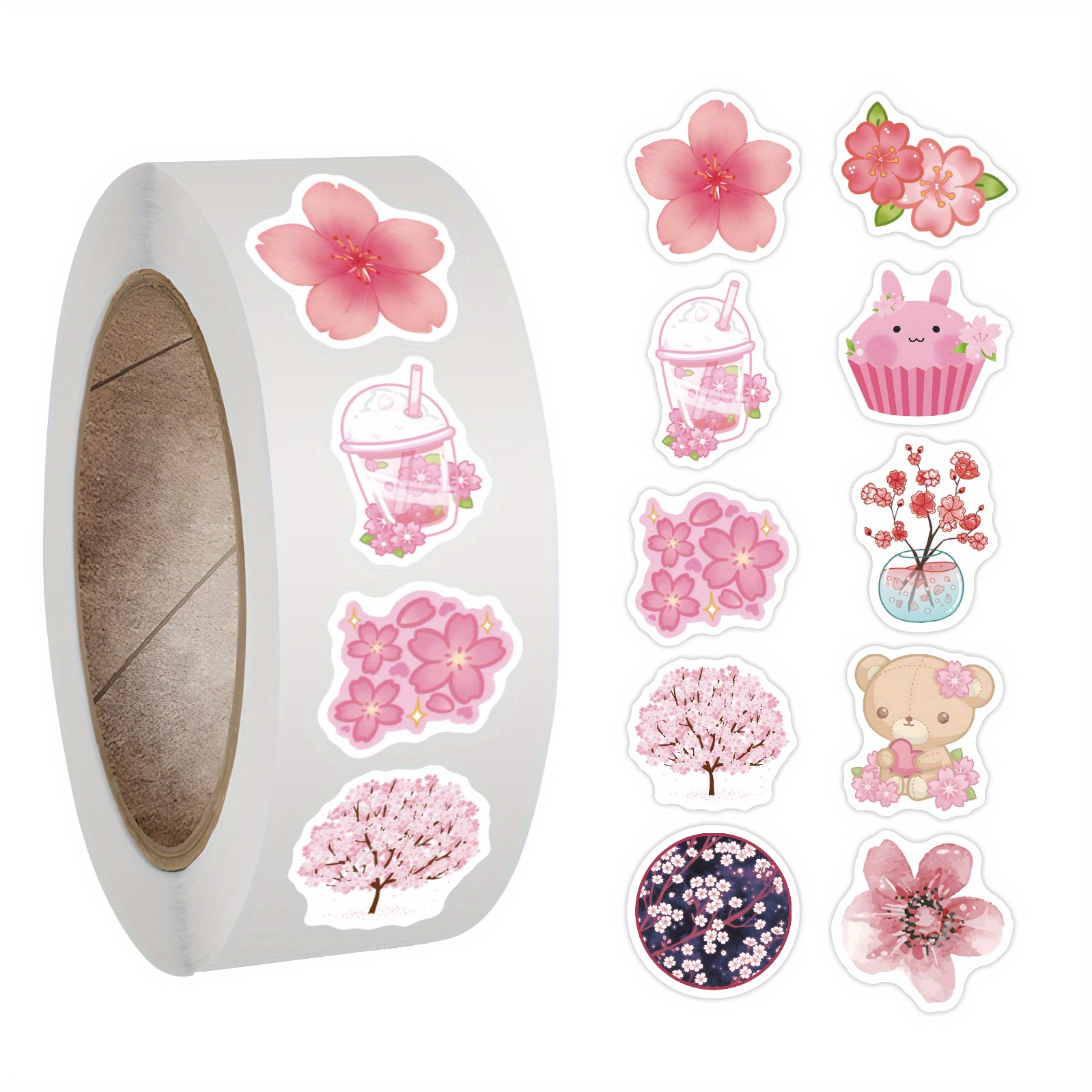 Image of 500pcs Stickers Roll,cherry Stickers,pink Aesthetic Stickers Decals For Water Bottles Helmet Bike Luggage