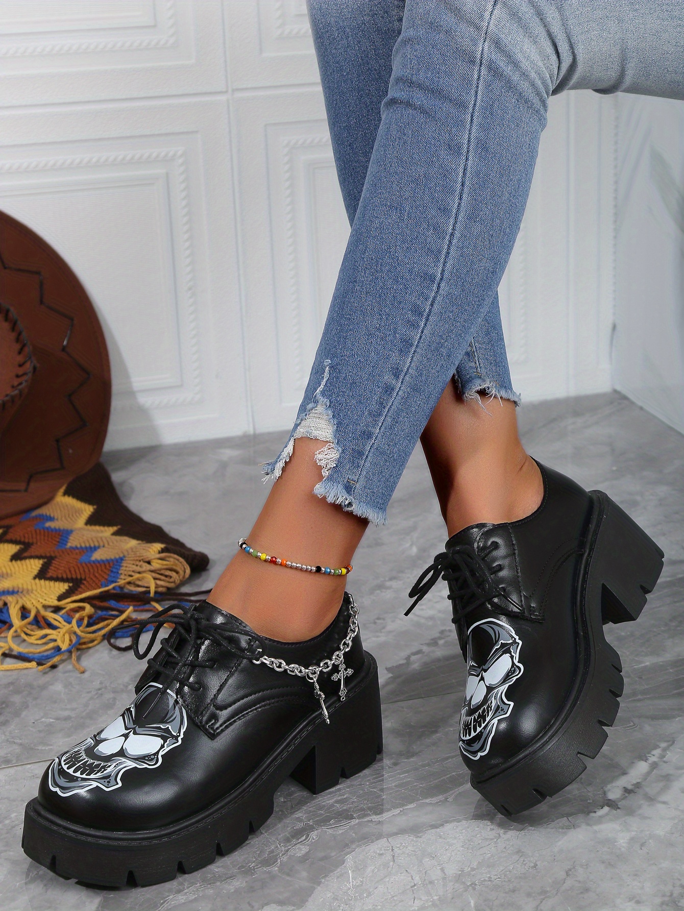 Zapatos cómodos y versátiles para Halloween, con estampado de calaveras  para mujeres, plataforma, mocasines con cordones y punta redonda