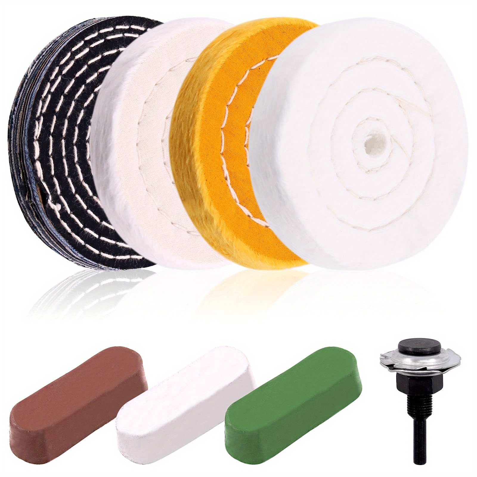 TJR Polishing Kit – 3pcs Polishing Paste, Buffing Wheel with Arbor, Abrasive Scuffing Pad – Metal Polish Compatible Also in Stainless Steel, Brass
