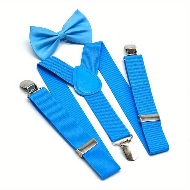 Boys and Girls Universal Solid Color 3-Clip Y-Style Suspenders and Bow Tie Set Youngsters's Suspenders + Bow Tie Two-Piece Set