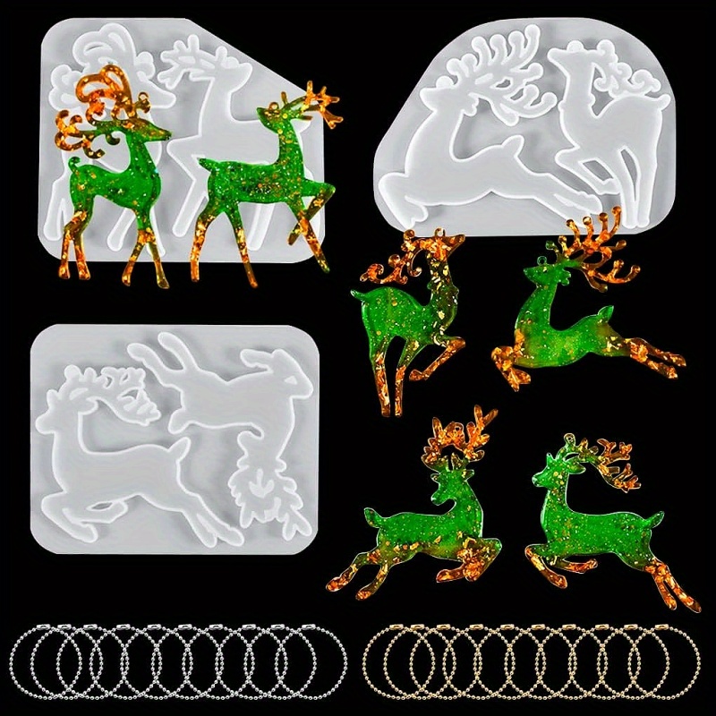 3pcs Christmas Resin Molds, Elk Silicone Molds With Hole, Pendant Epoxy Casting Molds For Diy Tree Hanging Ornament With 20 Chains (christmas Molds)