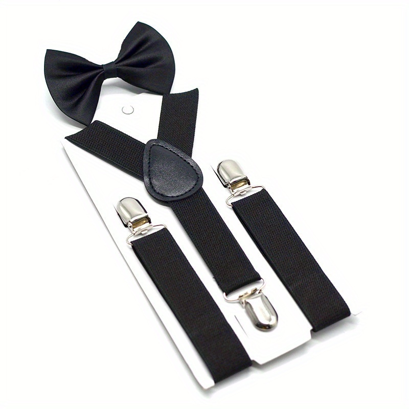 Boys and Girls Universal Solid Color 3-Clip Y-Style Suspenders and Bow Tie Set Youngsters's Suspenders + Bow Tie Two-Piece Set