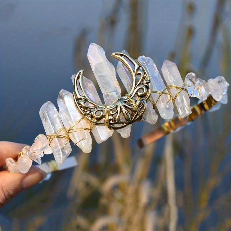 1pc Natural Crystal Headband Hair Band Hollow Moon Tiara Hair Accessories Head Jewelry details 1