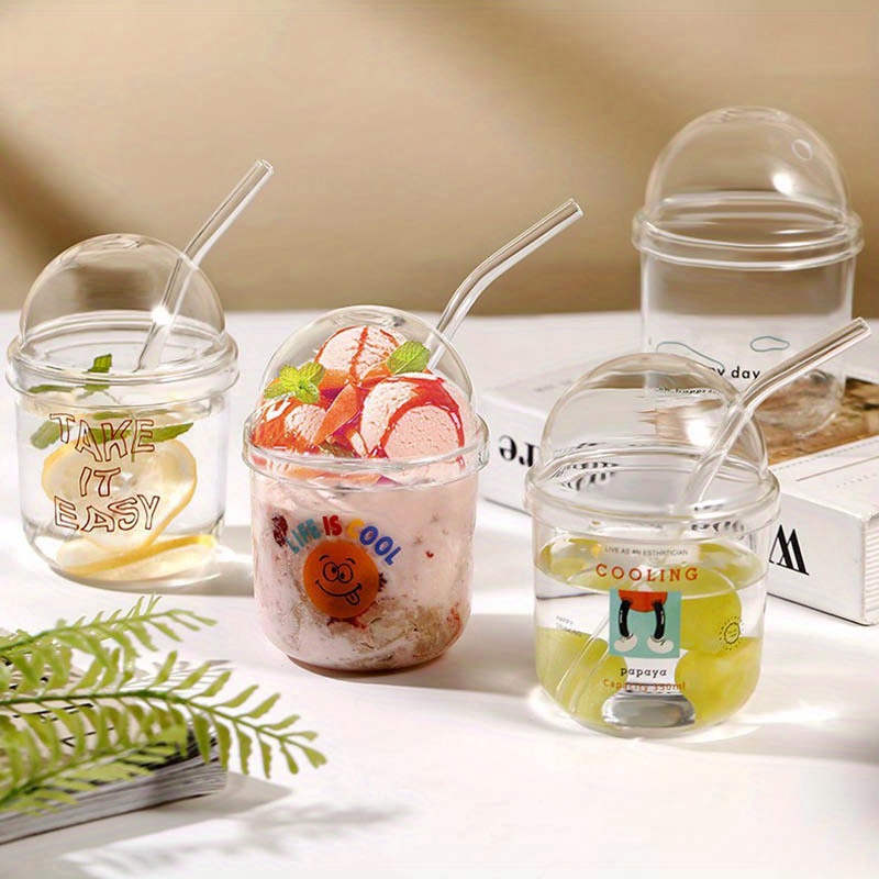 Small Glass Tumbler With Dome Lid And Straw Boba Tea Bottle - Temu