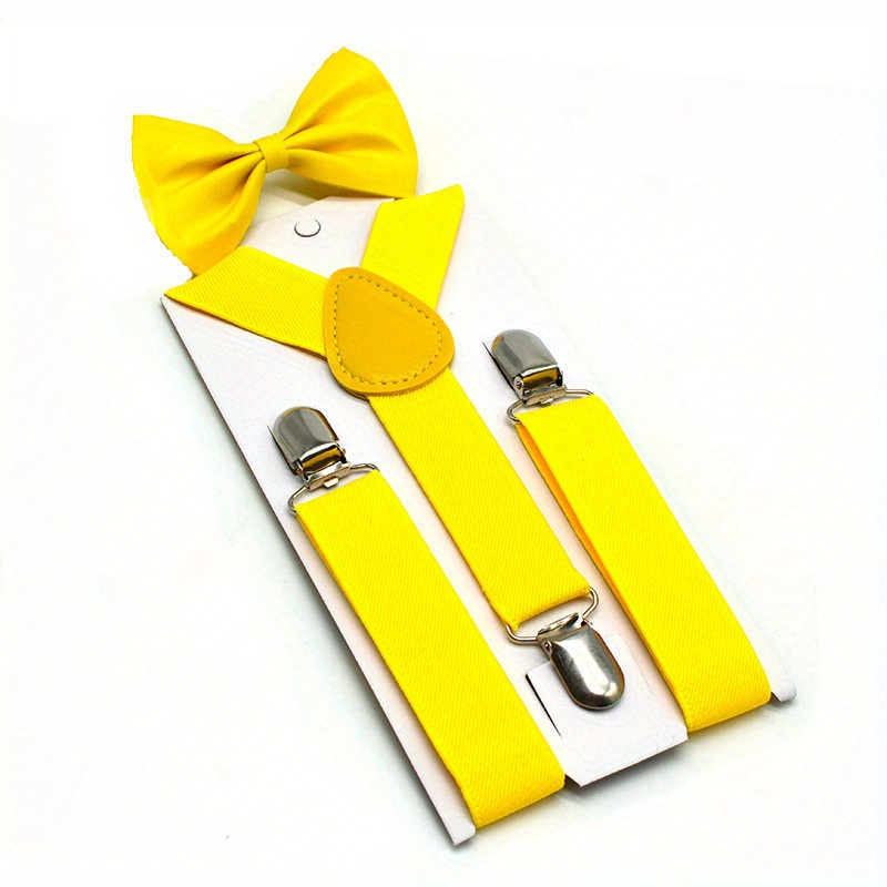 Boys and Girls Universal Solid Color 3-Clip Y-Style Suspenders and Bow Tie Set Youngsters's Suspenders + Bow Tie Two-Piece Set
