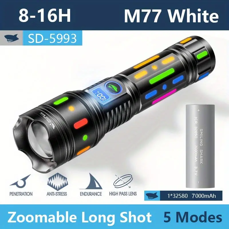 Smiling Shark Rechargeable LED Flashlights High Lumens, Super Bright  Zoomable Waterproof Flashlight With Batteries Included & 5 Modes, Powerful  Handhe