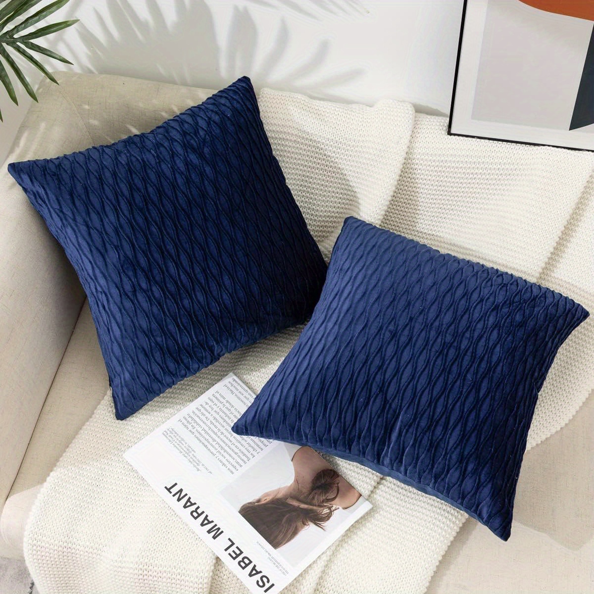 Navy Throw Pillows With Inserts Included Velvet Striped - Temu