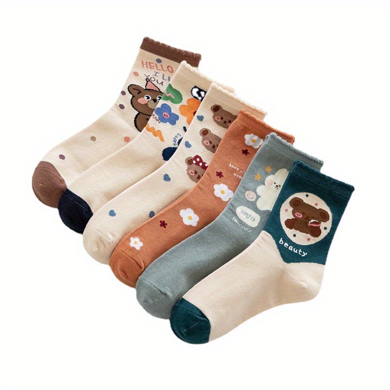 Cartoon Animal Print Socks, Comfy & Cute Lettuce Trim Socks