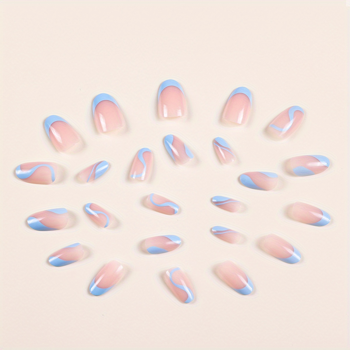 24 pcs cute almond shape press on nails short length with blue swirl french designs fake false nails with glue nail art for women and girl stick on nails details 3