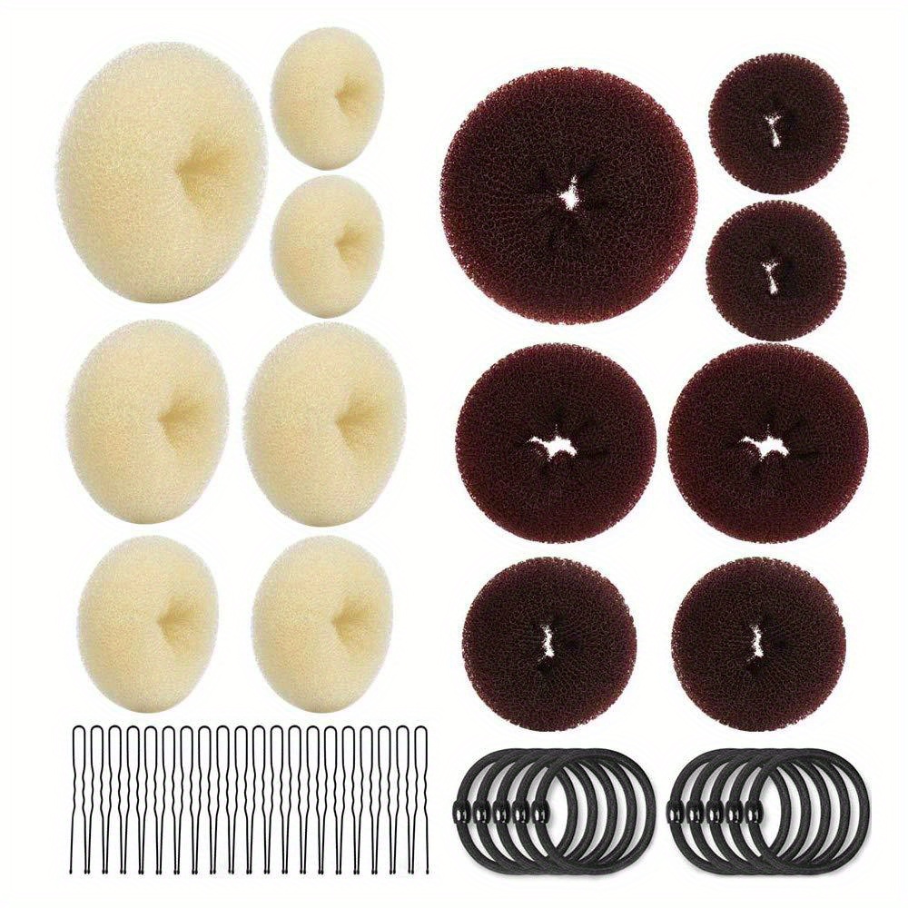44pcs/set Hair Styling Tools, 2 Hair Bun Maker Set, Donut Hair Bun Maker 14pcs With 10pcs Hair Elastic Bands, 20pcs Hair Pins Brown/beige (4 Small 4 Medium 4 Large 2 Extra-large)