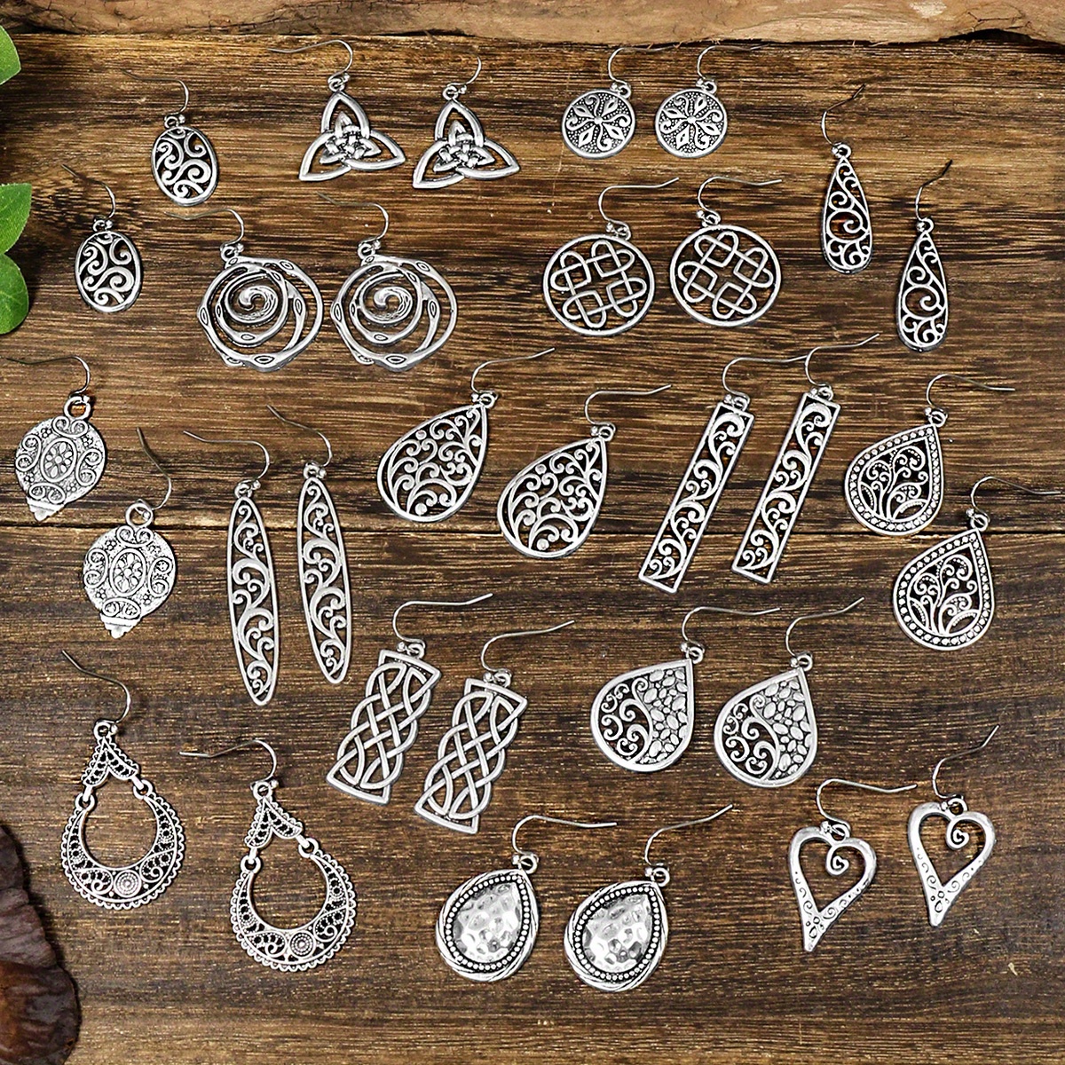 TEMU 16 Par/set De Pendientes Colgantes Plateados Con Patrón Tallado Vintage, Joyería De Aleación De Zinc De Estilo Étnico Retro, Regalo Femenino