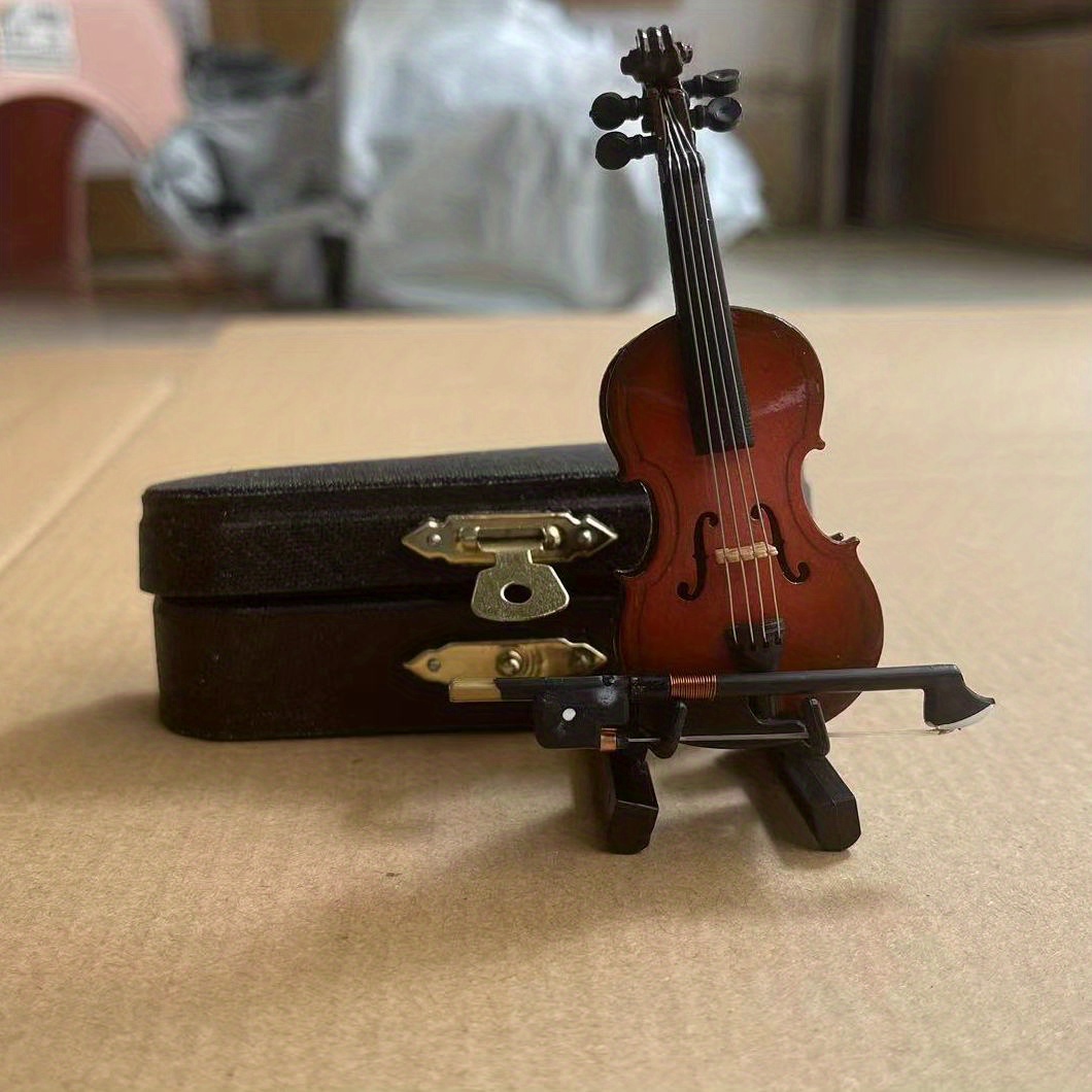 スタンド 弓 ケース付きの木製ミニチュアバイオリン、ミニ楽器 ミニチュアドールハウスモデルオーナメント ホームデコレーション