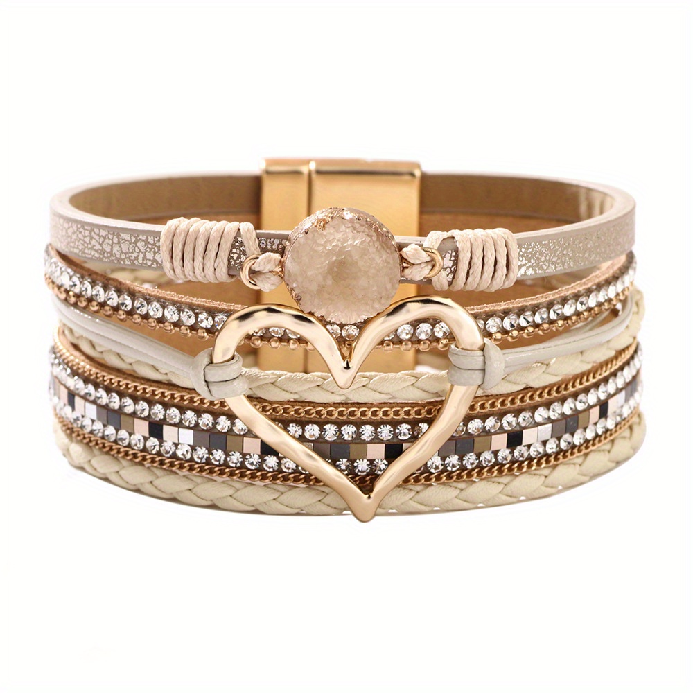 Image of Bohemian Faux Leather Bracelet Hand-woven Bracelet Golden Big Heart Ladies Fashion Bracelet