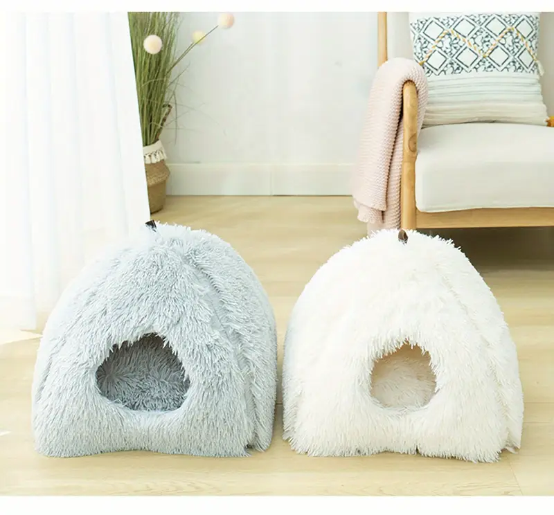 long plush cozy cat cave bed soft polyester pet house with non slip bottom removable washable pads arched entrance for cute hideout for kittens cats pet relaxation space cute cat cave fluffy texture cat bed Product details 8