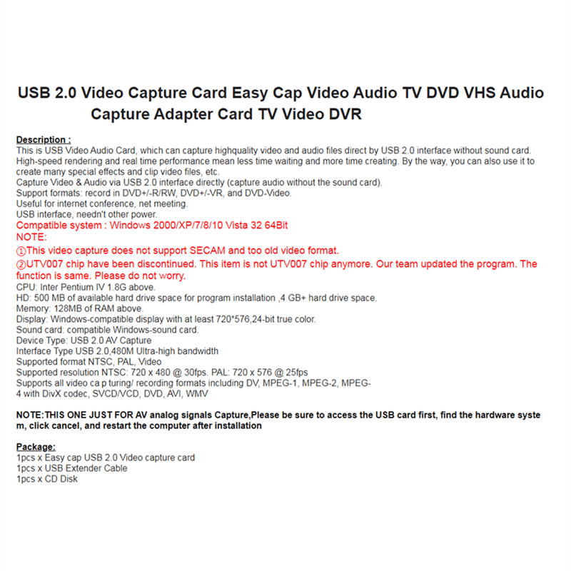 Carte d'acquisition audio et vidéo usb 2.0, convertisseur de VHS