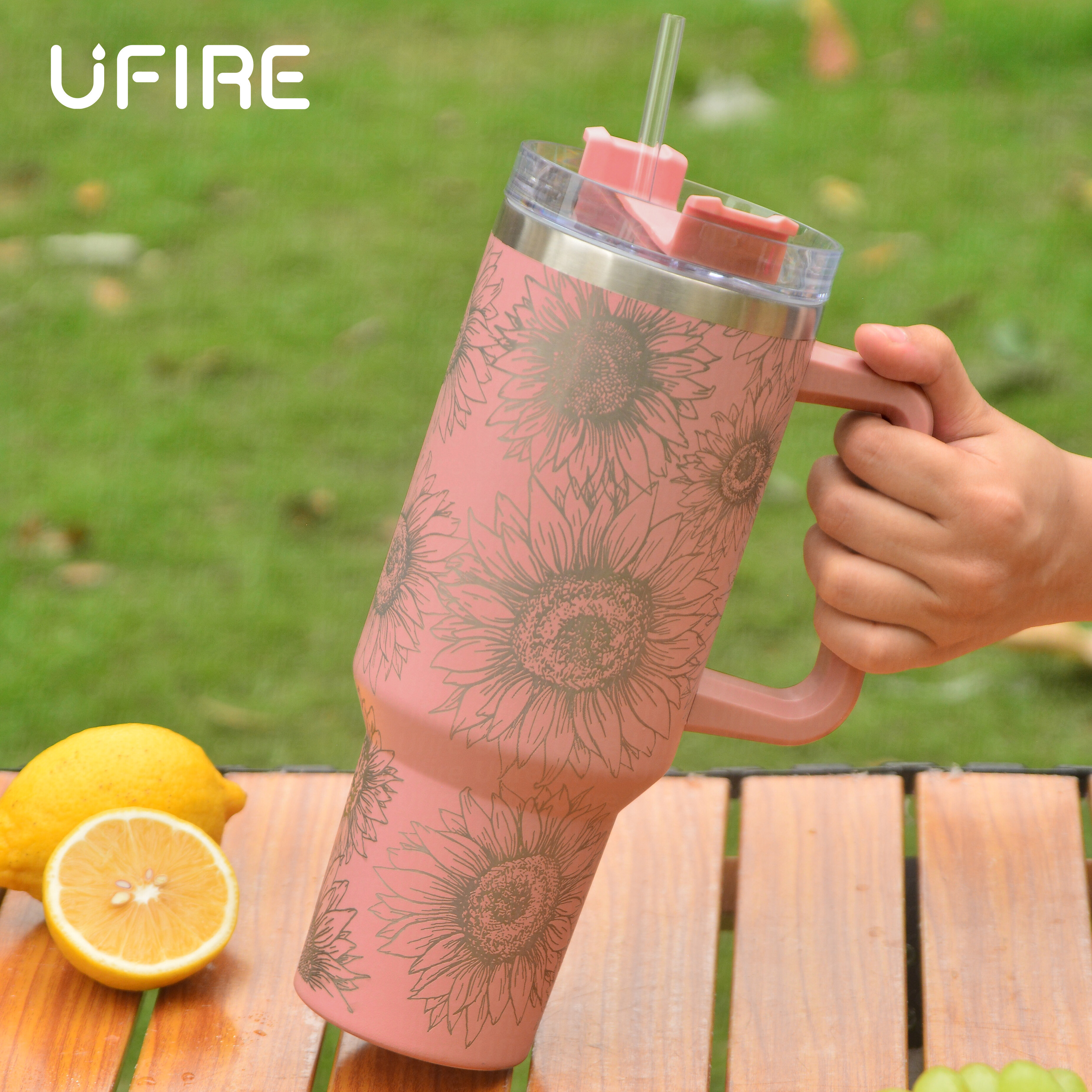 40 Oz Sunflower Print Tumbler With Handle