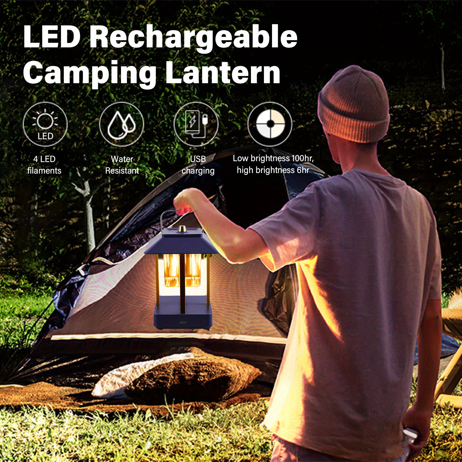 Led Camping Lantern, Rechargeable Filament Lamp, 3000k Minimalist Ambient Camping  Lights, 2 Light Modes, Ipx4 Waterproof Tent Lights, Dimmable Light For  Emergency, Usb Cable Included - Temu