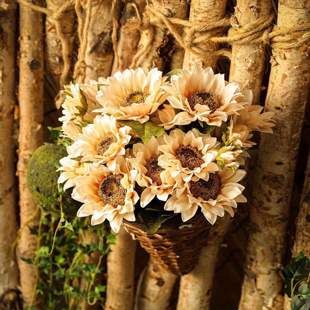 7pcs White Sunflowers Artificial Flowers, Fake Silk Sunflower With Stem  Vintage Fall Sunflower Decorations For Home Wedding Party Birthday Bulk  Dark C